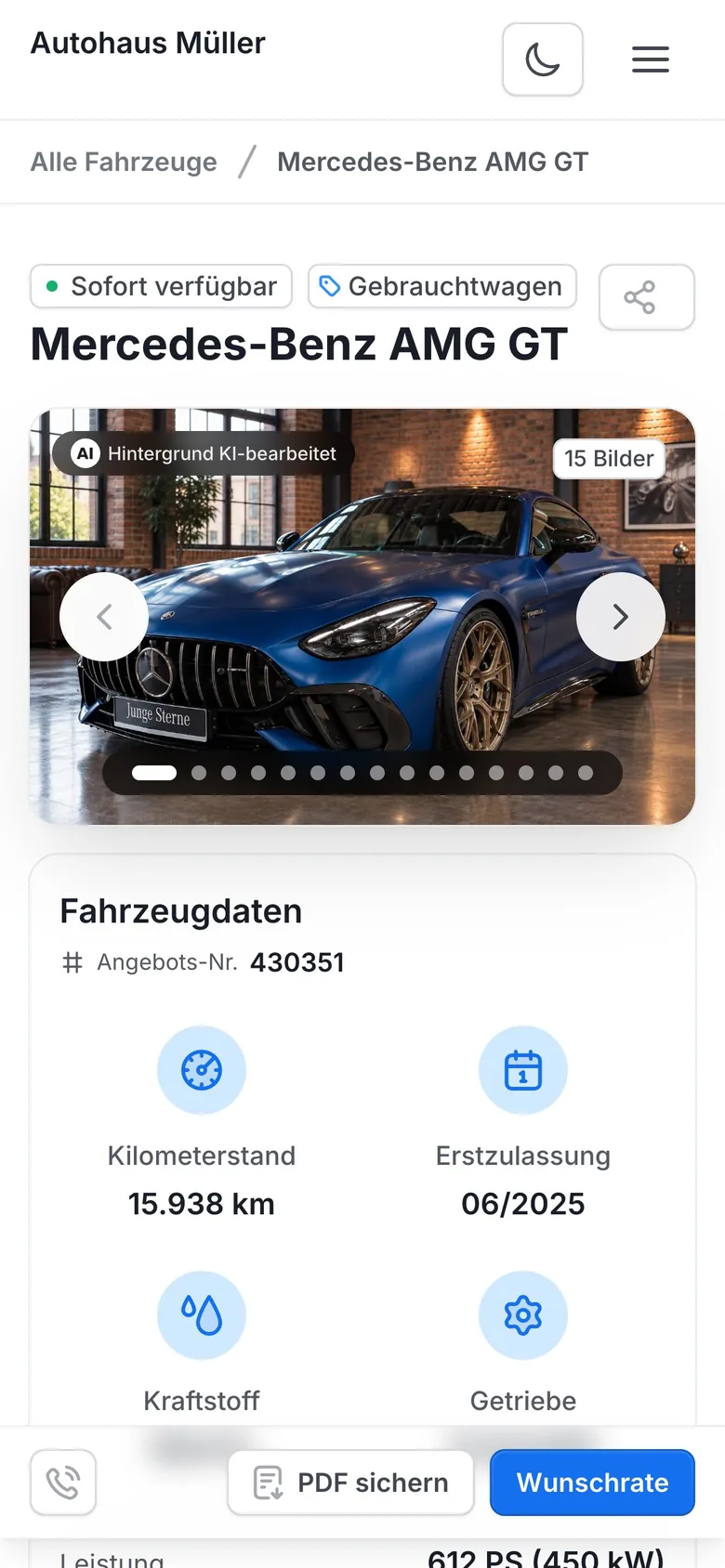 Landingpage auf dem Handy mit Hinweis „Hintergrund KI-bearbeitet“