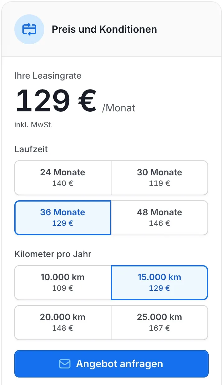 Leasing-Ratenmatrix: Laufzeit und Kilometer pro Jahr mit Monatsraten